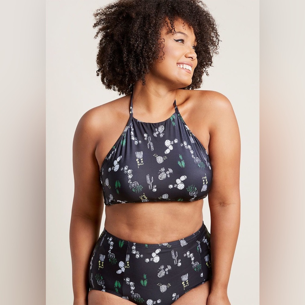 ModCloth High Dwe Swim Bikini Top Cactus Print Black 2X Beachy Resortwear